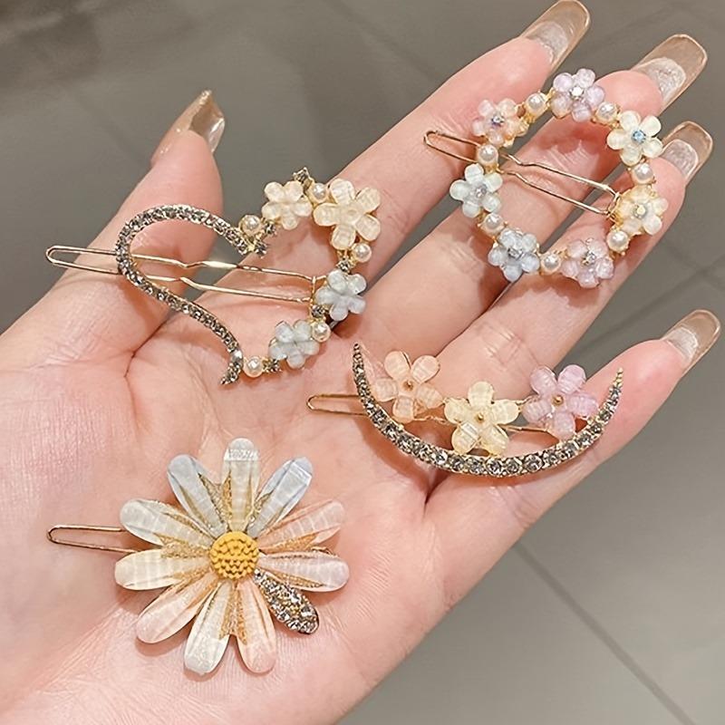 4pc Women's Fashion Hair Accessories Sweet Flower Water Diamond Girl Hairstyling Tools Daily Party Wear Princess Jewelry Hairpin