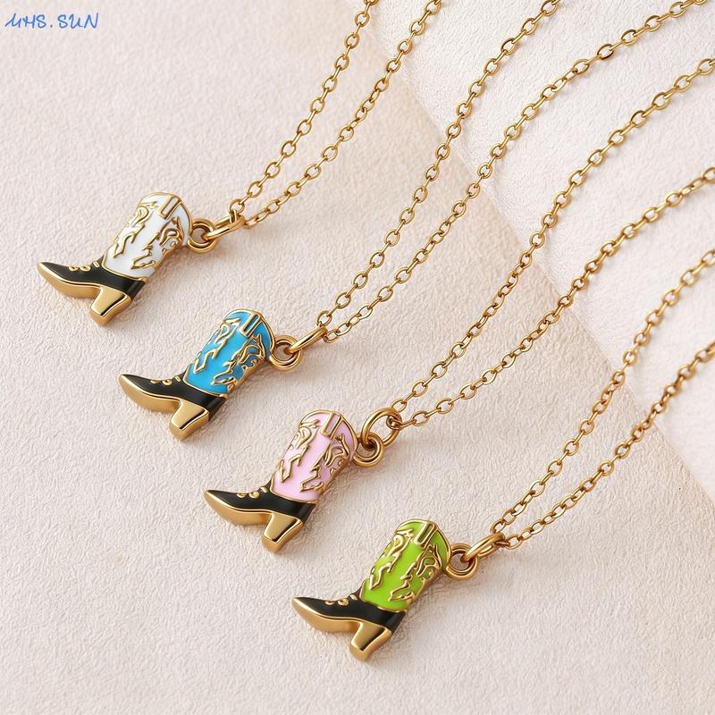 Stainless Steel Oil Dripping Colored Denim Boot Pendant Necklace Design Fashion Gold Plated Chain Jewelry Gifts For Women