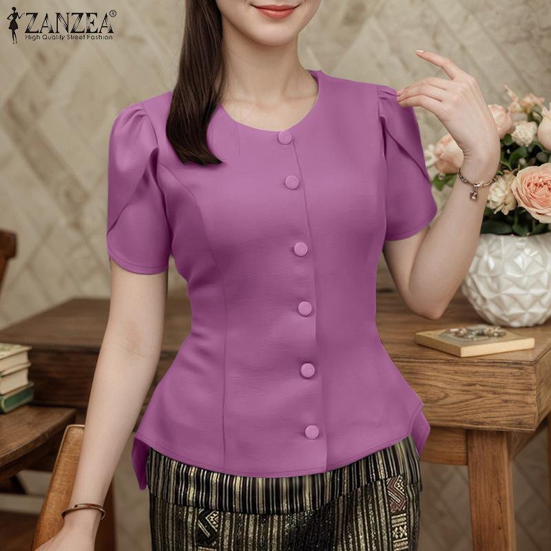 ZANZEA Women Casual Round Neck Summer Short Sleeve Blouse