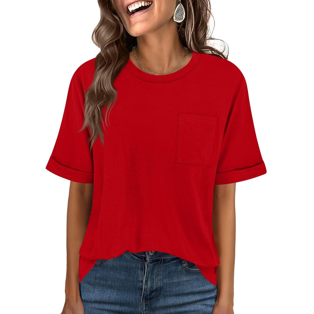 Women Casual Loose Fit Crew Neck Short Sleeve T Shirt with Pocket Comfortable Relaxed Style Lightweight Top for Daily Wear