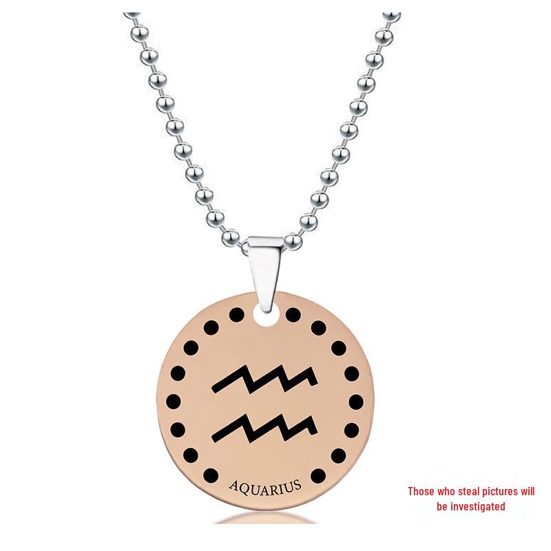 Rose Gold Stainless Steel Necklace with Twelve Constellations Engraved Round Tag - Christmas Holiday Gift