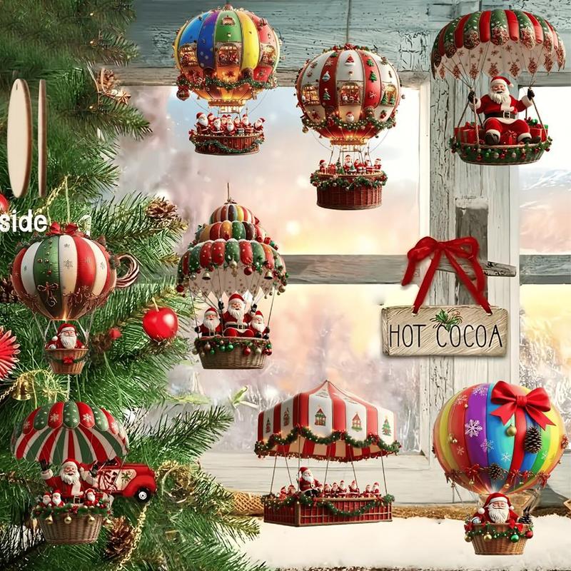 Christmas Wooden Hot Air Balloon Santa Claus 2D Flat Wooden Pendant Christmas Tree Decoration Perfect Holiday Gift Decor