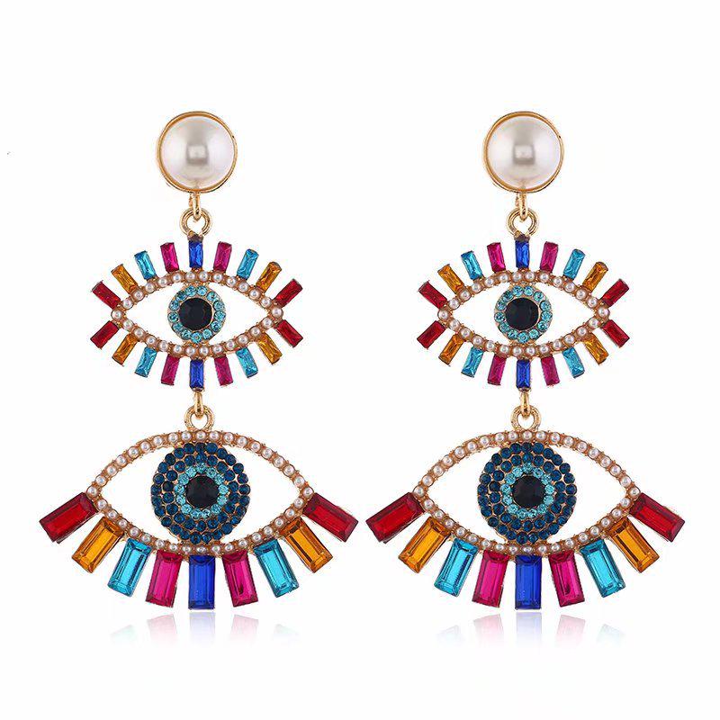 Exaggerated European  American Fashion Devil s Eye Fan-Shaped Rhinestone Tassel Earrings