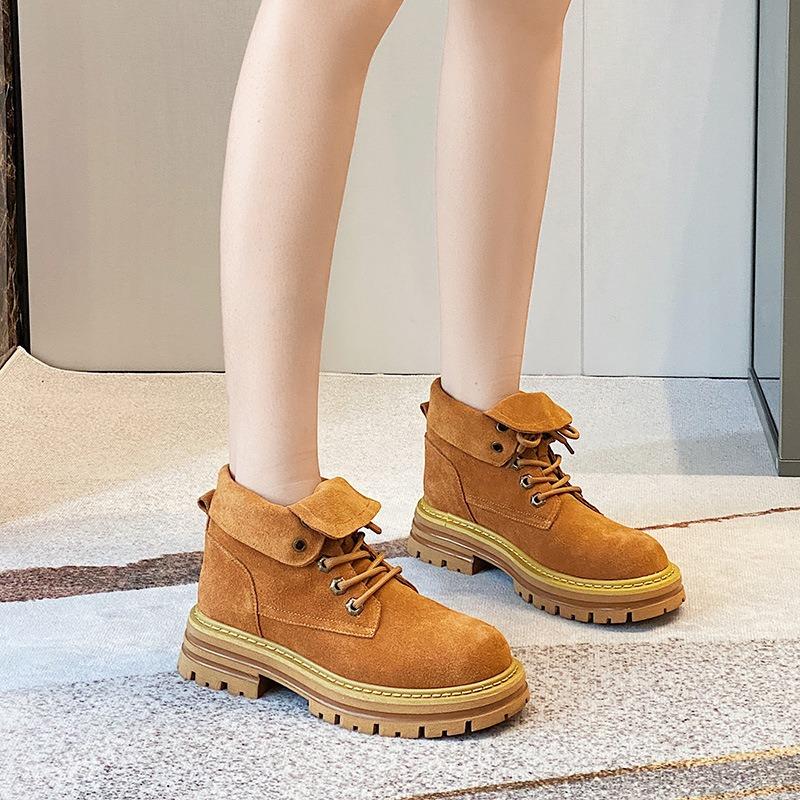 Martinsschuhe Damen Frühling, Herbst und Winter neue Leder Plateau Stiefeletten Retro Gelbe Stiefel