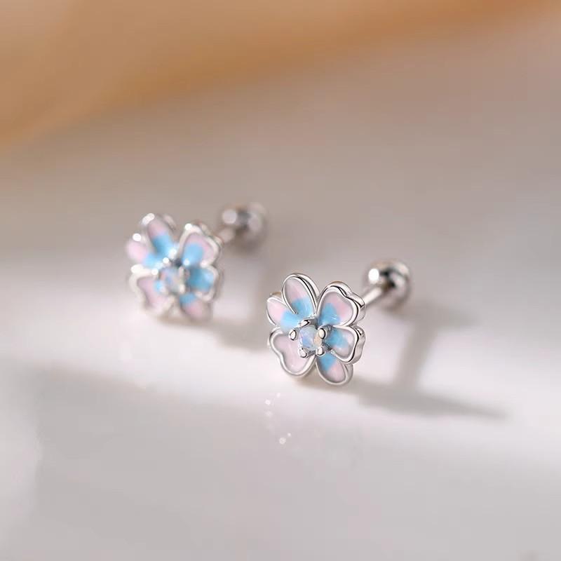 Silver Enamel Flower Bead Screw Plant Stud Earrings For Women Classic Fine Jewelry Exquisite Accessories