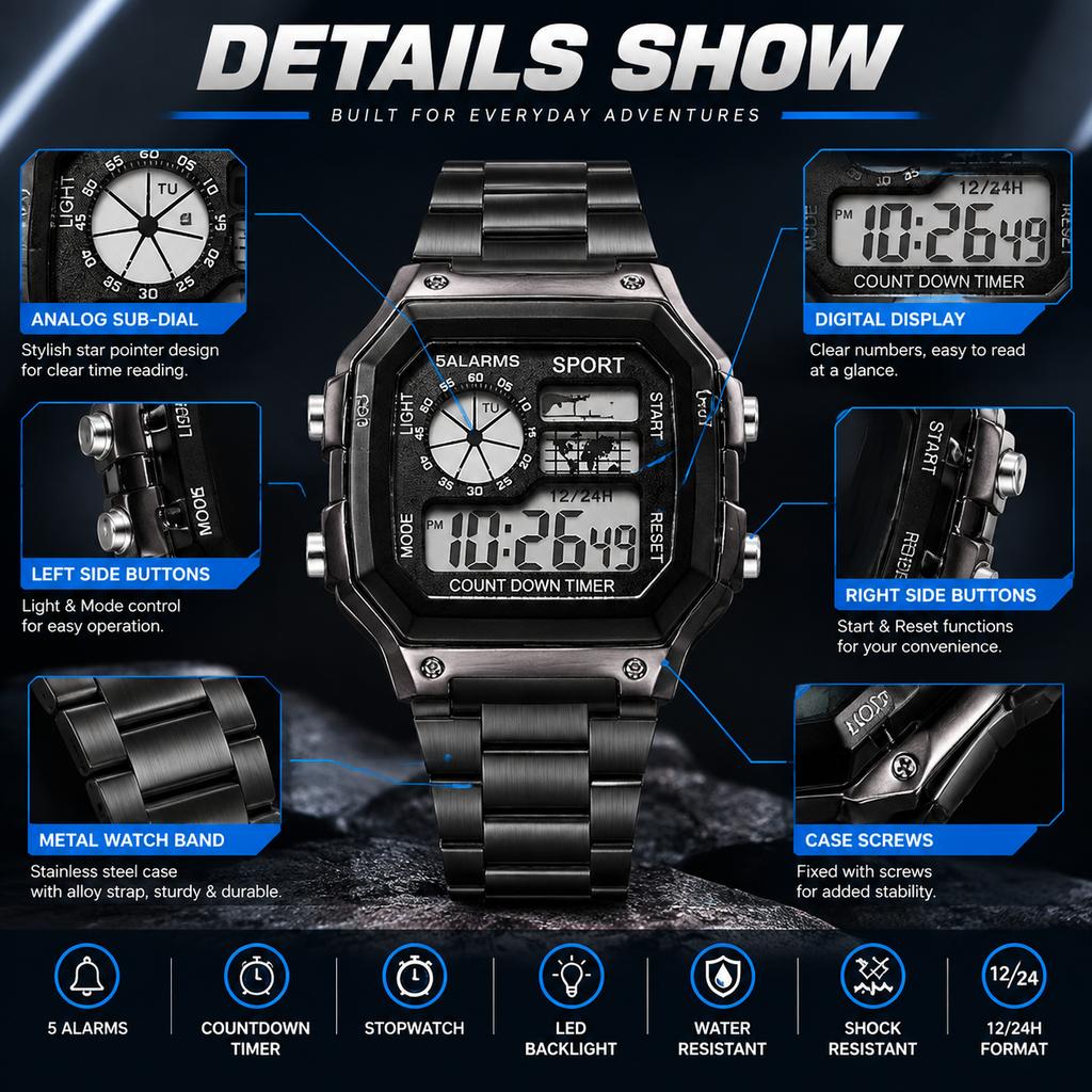 Square LED Digital Watch with Stainless Steel Case, Dual Display, Daily Water Resistance