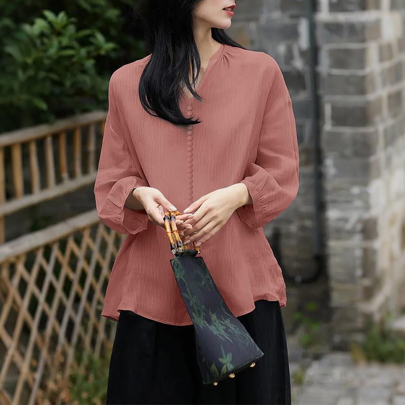 

ZANZEA Женская повседневная блузка с V-образным вырезом, свободного кроя, с рукавом 3/4, однотонная 5XL розовый