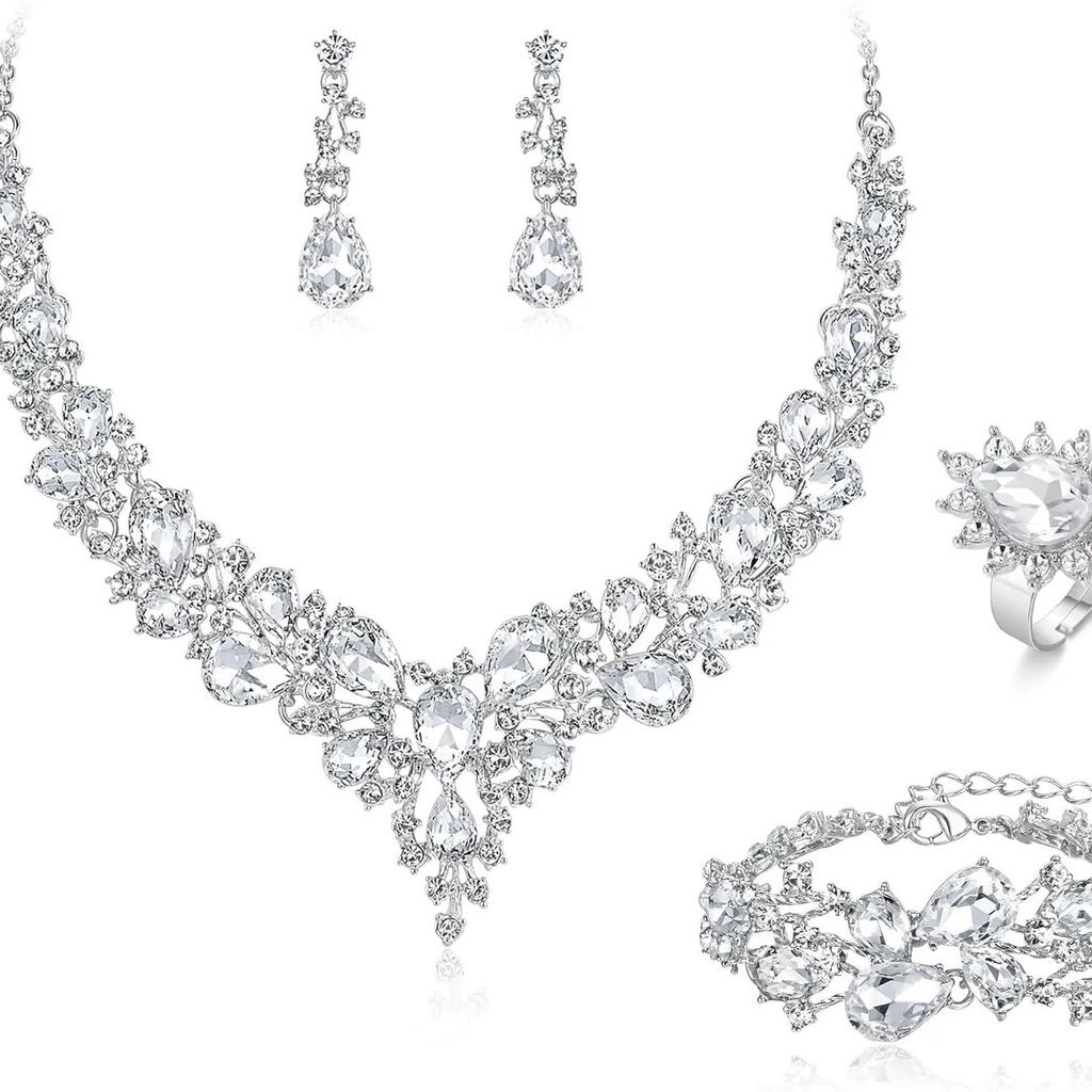 Set Colier Cercei Strass Cristal Mireasă Set Rochie Bal Banchet Doamne Set de Lux Patru Piese
