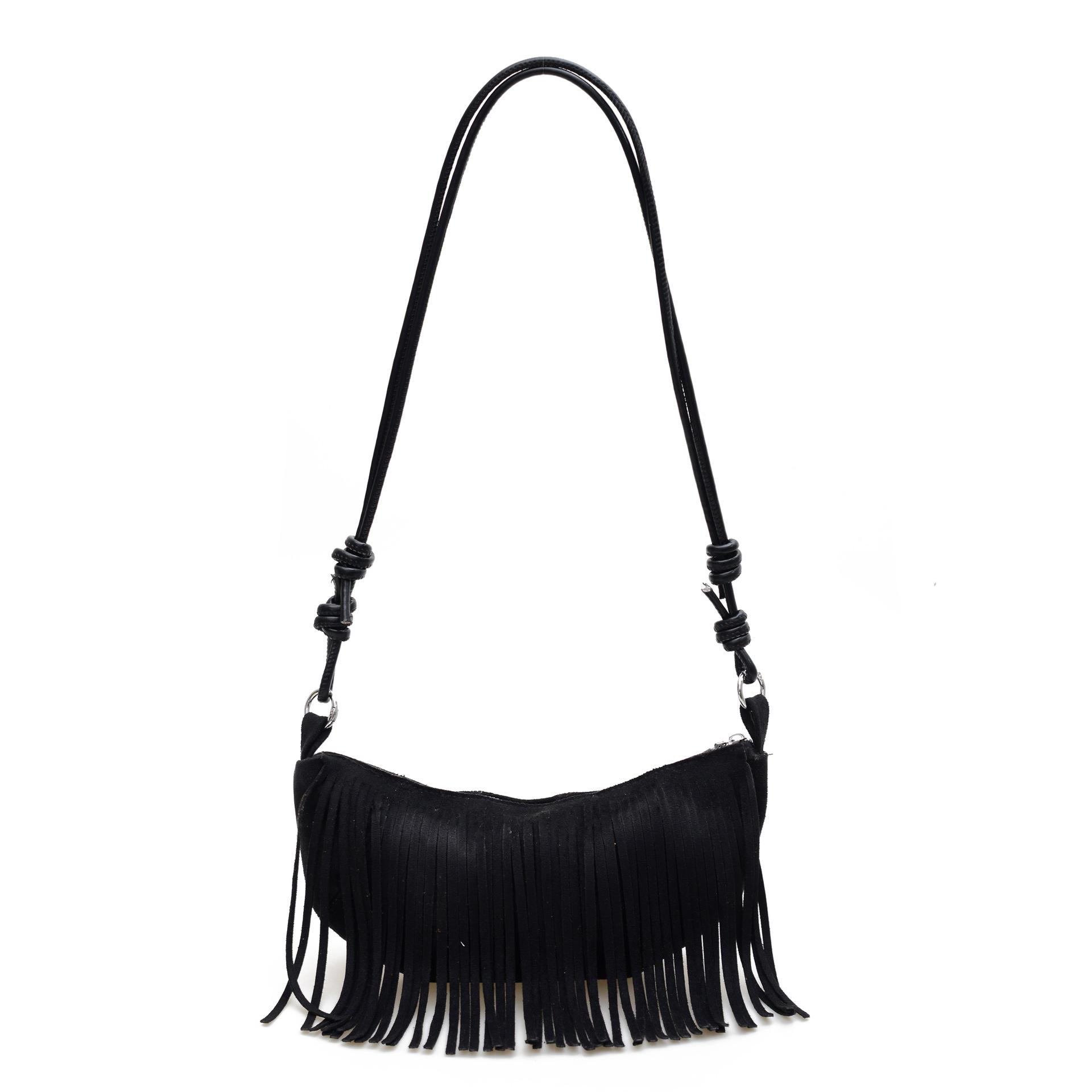 VIA ROMA Tas met Franjes, Retro en Modieus, Hot Girl Enkelvoudige Schoudertas, Crossbody Hoorn Tas zwart