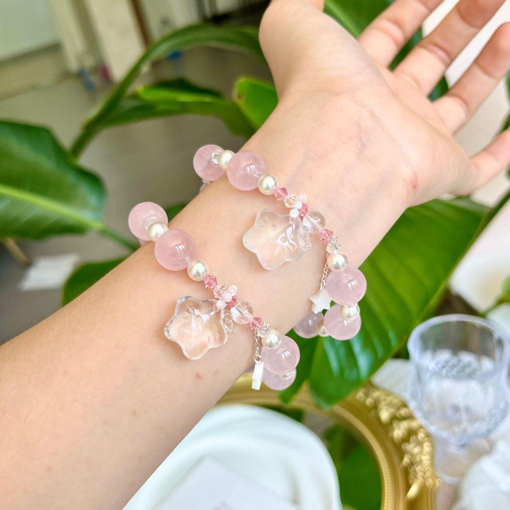 Original Design 12mm Natural Rose Quartz Peach Blossom Star Beaded Bracelet
