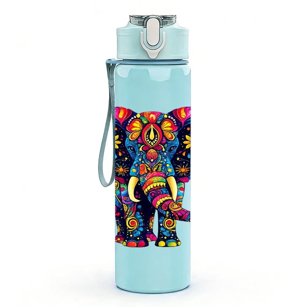 1PC Colorful Decorated Elephant Art Print 750ml Color Plastic Sports Water Bottle Leakproof Flip Straw Lid Suitable for Sports Office Home Use