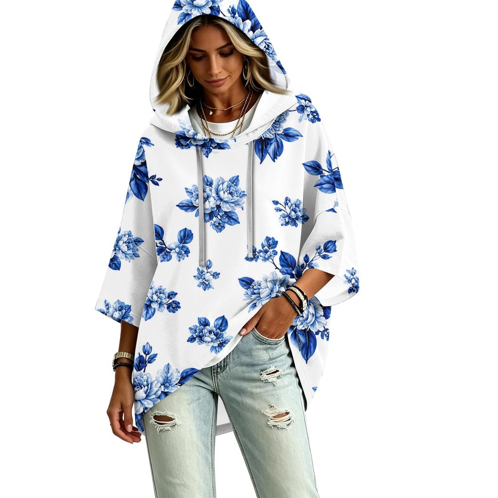 Damen Dreiviertelarm Kapuzenpullover mit Blumenprint Pullover Top Lässige Mode