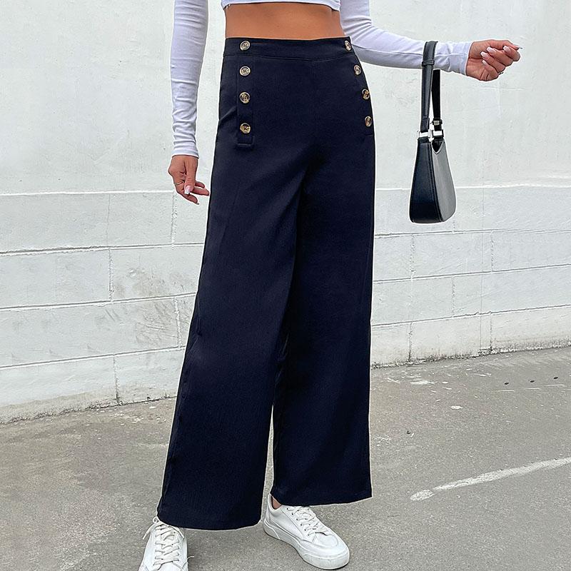 YYFS Damenmode, lässig, einfarbig, mit Knöpfen, Hosen und Caprihosen