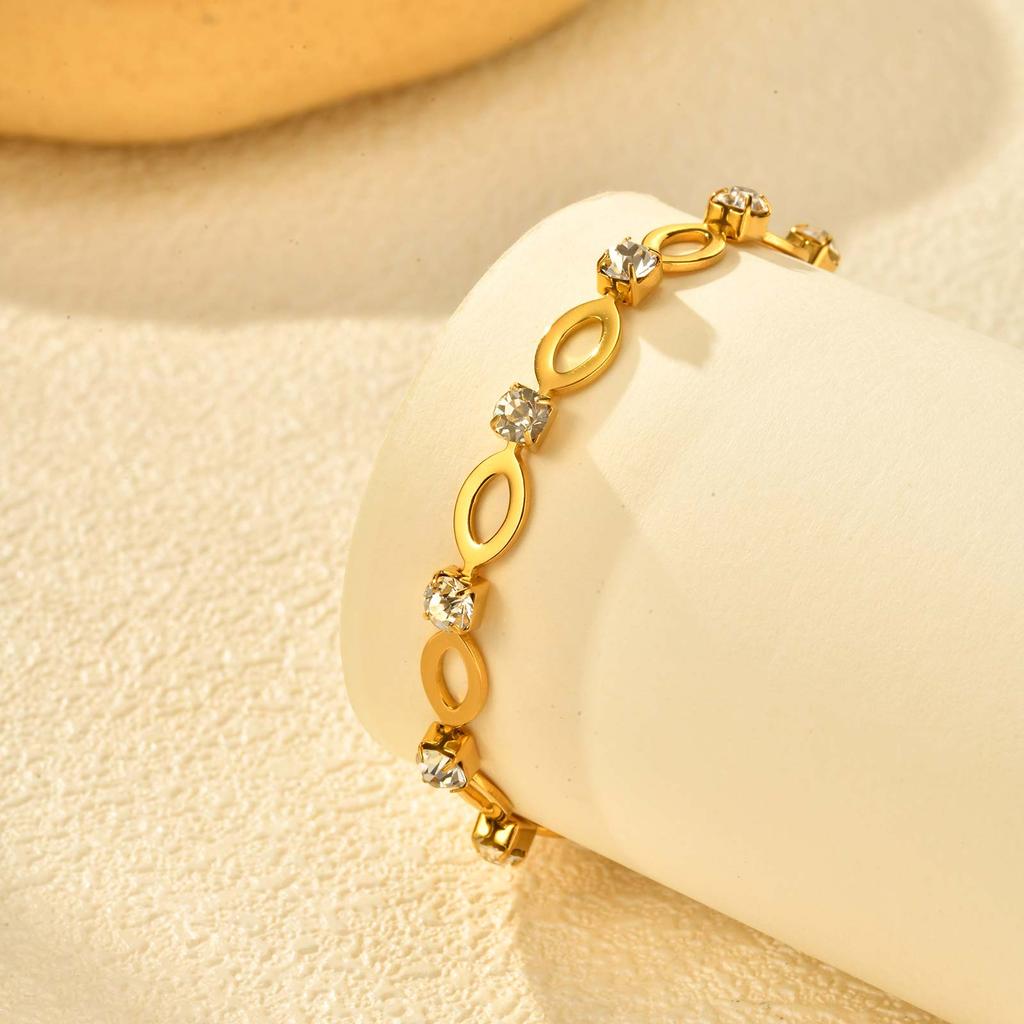 Elegant White Cubic Zircon Charm Bracelet,Women's Hollow Elliptical Handmade Chain Bracelet,Gold Color Stainless Steel Bracelets