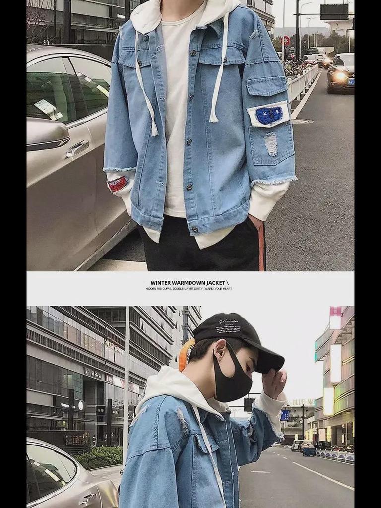 Herren-Jeansjacke im koreanischen Stil, 2-in-1-Jeansjacke – trendig, lockere Passform, mit Kapuze, perfekt für Frühling und Herbst