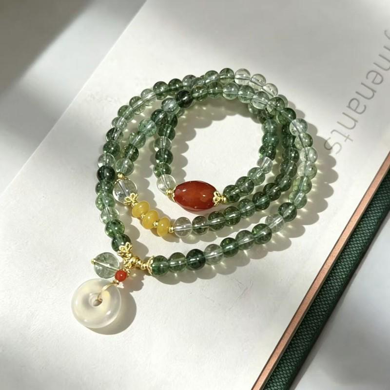 Women's Natural Green Phantom Crystal & Agate Beaded Bracelet - New Chinese Style