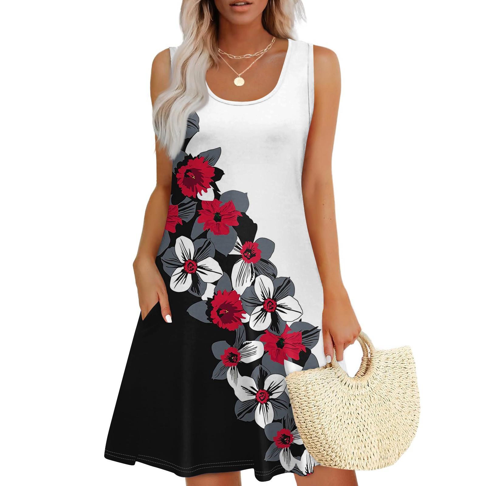 

Жіноча літня повсякденна сукня з квадратним вирізом і квітковим принтом, без рукавів і кишенями XL чорний