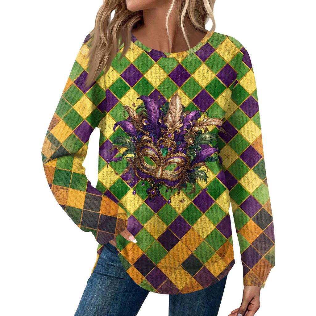 Damenmode Locker Langarm Karnevals-Print Rundhals Casual Oberteil