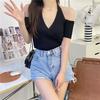 Strapless Neckline Short-sleeved T-shirt Female Spring Design Knit Tops Female Casual Summer Essential Comfort and Style Slim Fit Pullovers Tees