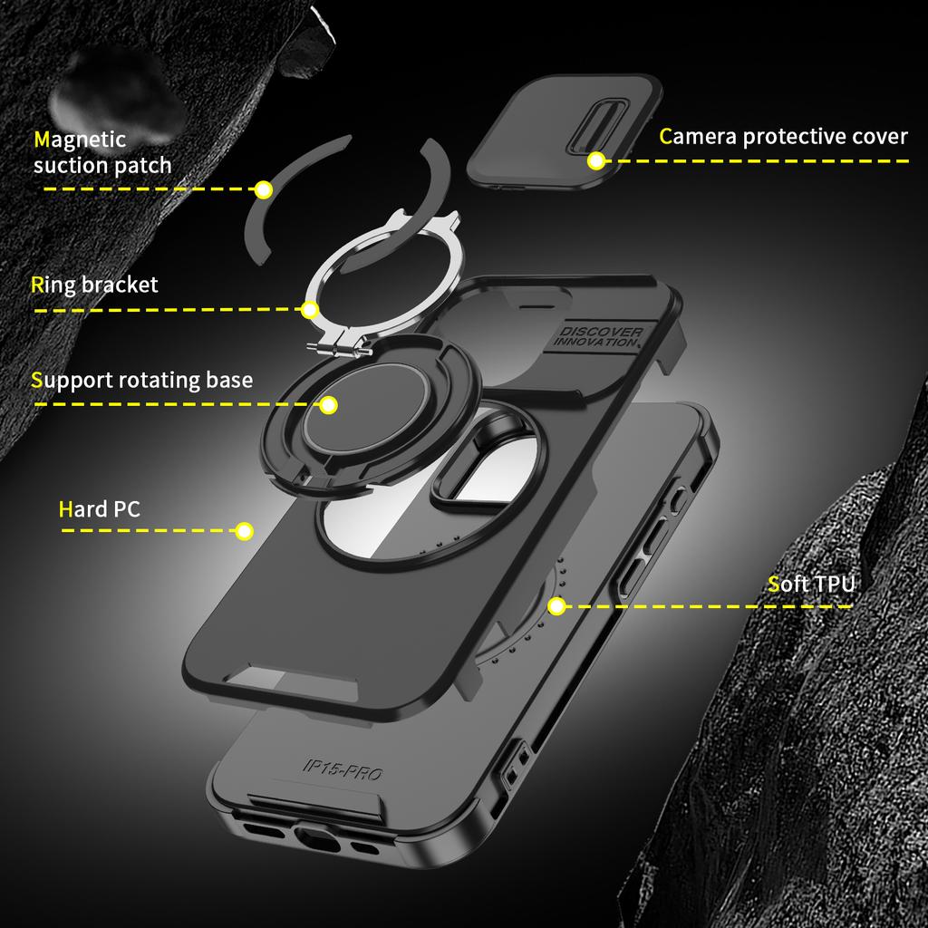 For iPhone 15 Pro Magnetic Phone Case Slide Lens Protection Ring Kickstand TPU+PC Cover