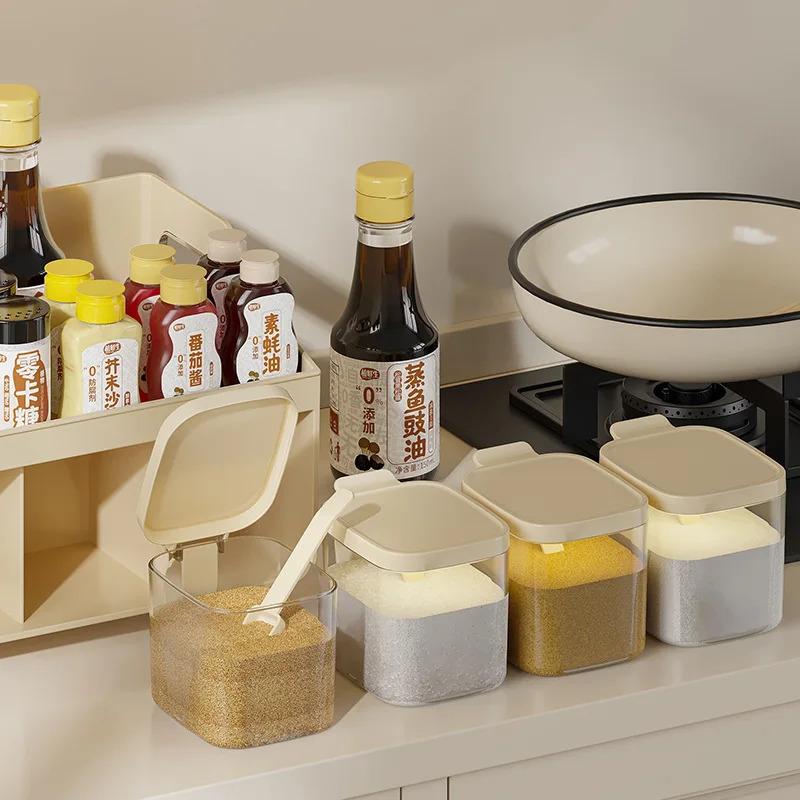 Multi functional spice storage drawer, 4-compartment seasoning storage box with spoon and lid, top table and handle