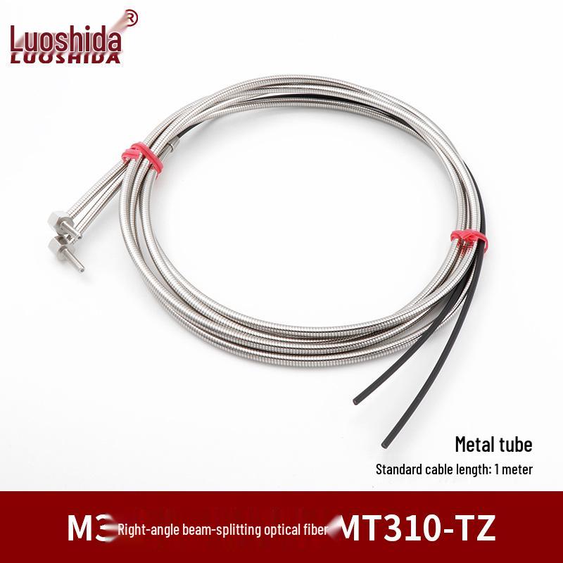 Metal Sheathed Fiber Optic Sensor Amplifier with Right Angle Elbow and Extended Reflective Through-Beam Cable