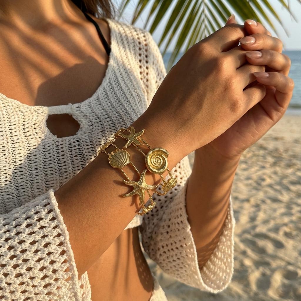 Summer Ocean Starfish Turtle Sun Shell Bracelets for Women Stainless Steel Sunlit Vibes Vacation Resort Holiday Jewelry Gifts