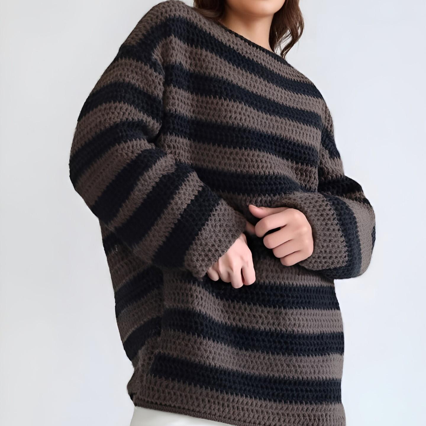 

Осень и зима свободный свитер с полосками и длинным рукавом, вязаный пуловер с воротником, повседневный свитер для женщин 3610 XL коричневый