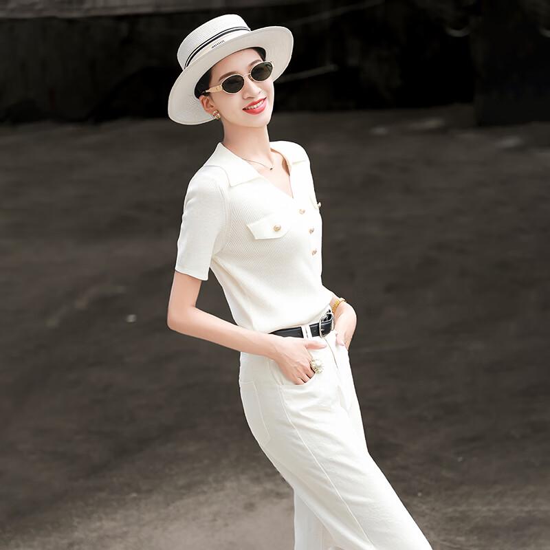 Damen Sommer POLO-Kragen Strick Kurzarm Top