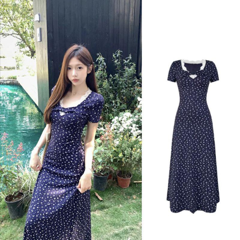 Women s Navy Floral V-Neck Slim Fit Dress - Retro Style for Spring/Summer 2025 XL темно-синий