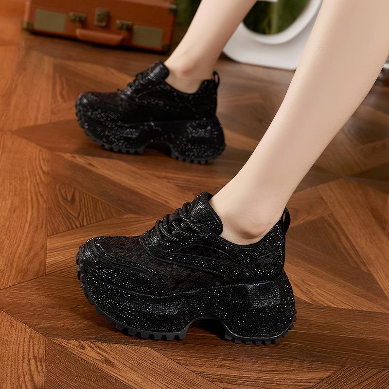 Thick-soled Dad Shoes Women's 2025 Spring and Summer New Full Diamonds Small Inner Height-increasing Women's Shoes Hollow Mesh Breathable Sandals