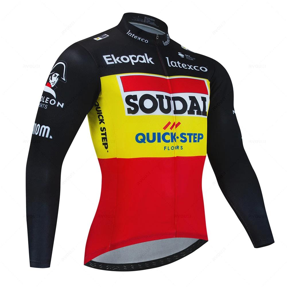 Soudal Quick Step France Jesienny Zestaw Koszulek Rowerowych Ubrania na Rower Szosowy Długi Rękaw Jednolity Strój MTB Spodenki na Szelkach Rowerowe Koszulka Sportowa do Jazdy