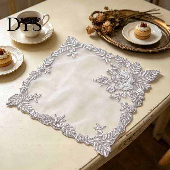 Photography Background Props Square Lace Placemat for Dining Table, Embroidered Mesh Heat Resistant Table Delicate Runners Mat, Retro Floral