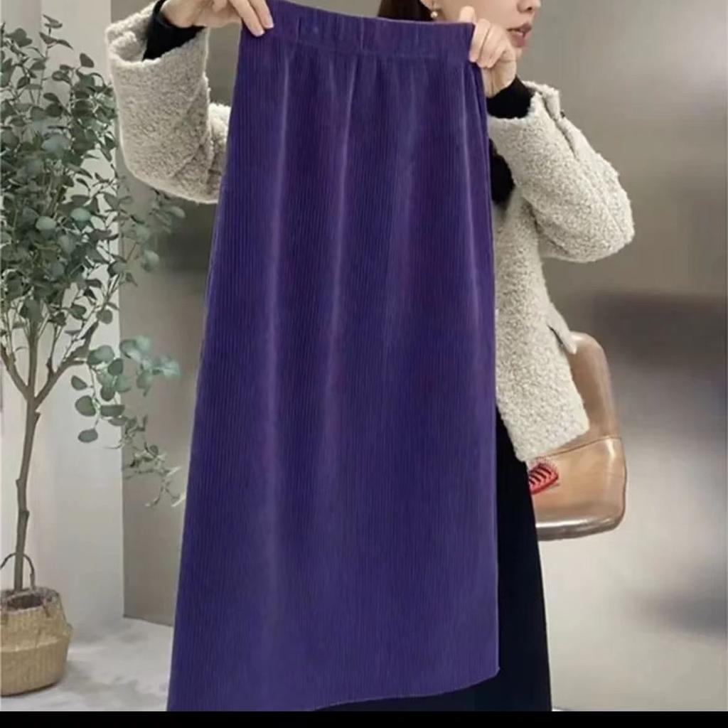 Winter High Waisted Hip Hugging Skirt, Corduroy Split Mid Length Skirt For Women