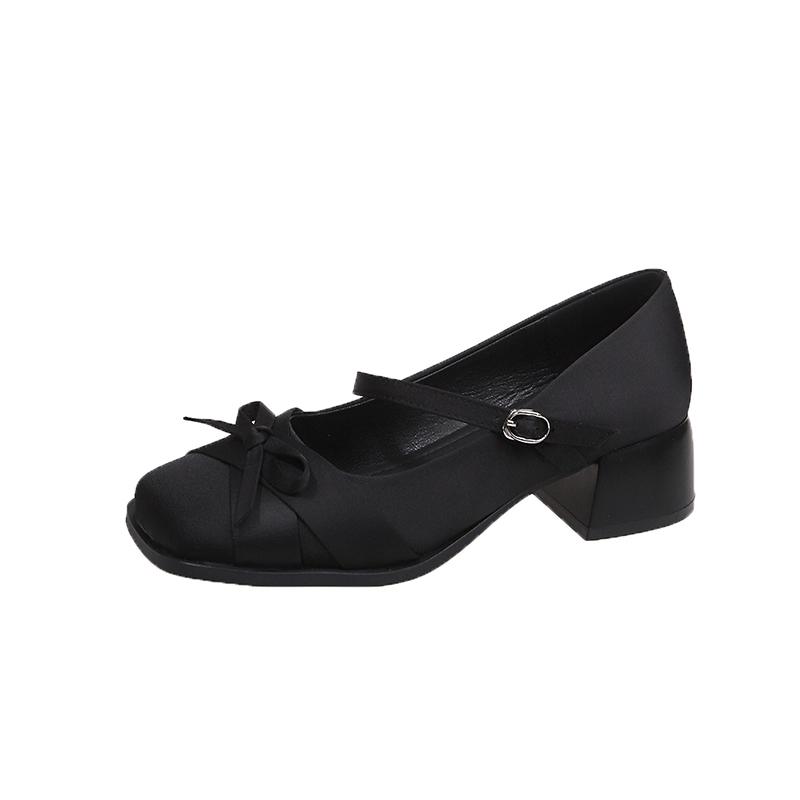 Fashion New Coarse Heel Shoes for Women Square Head Shallow Mouth Butterfly Knot Cloth Line with Anti-slip Wear-resistant Heel Shoes