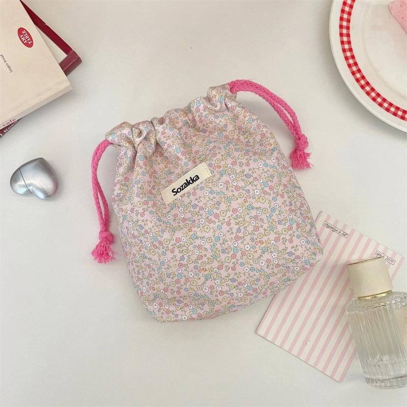 Women Tote Rope String Makeup Bags Organizer Cute Flower Small Lipstick Cosmetic Coin Purse Key Drawstring Storage Bag