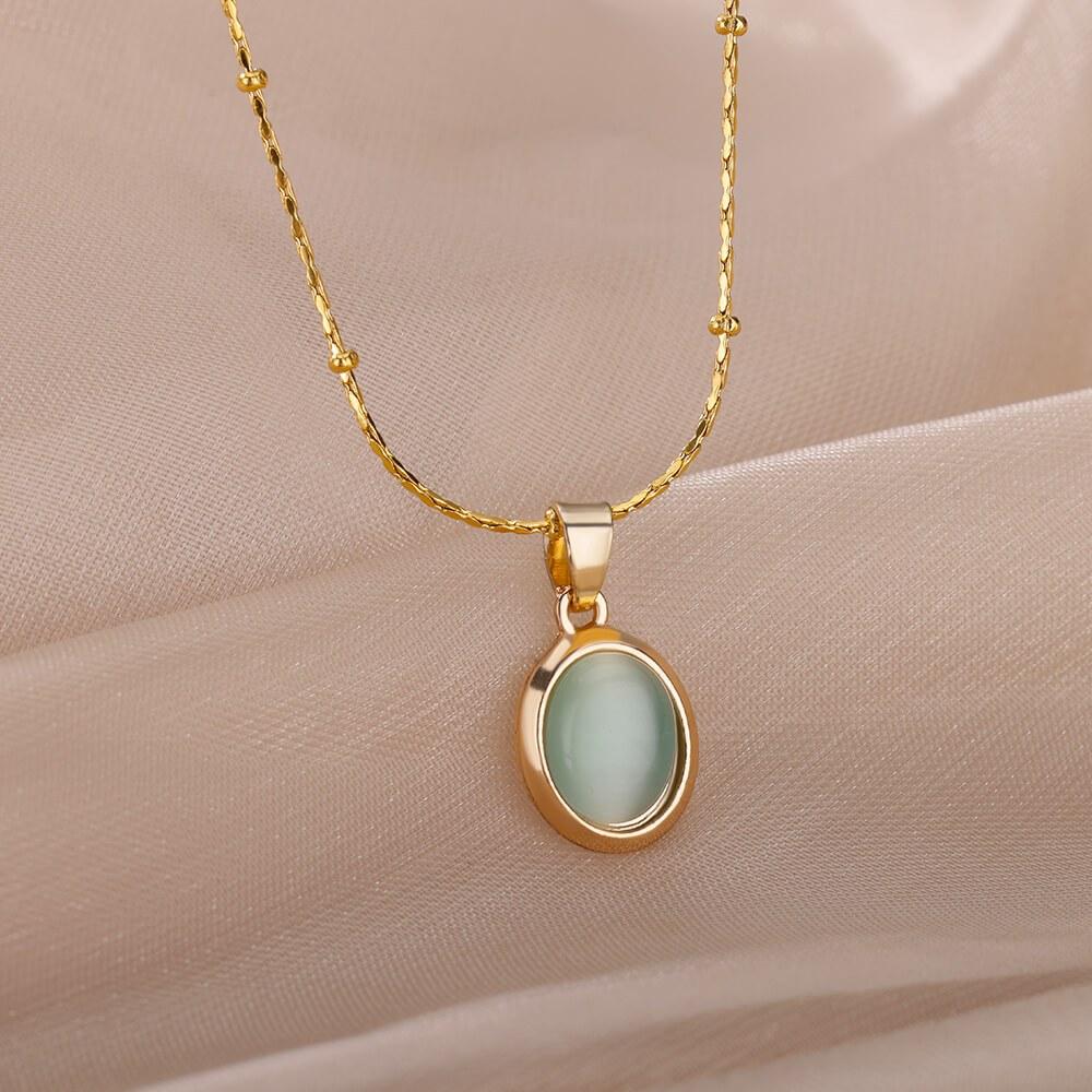 Fashion Stone Opal Oval Necklace For Women Stainless Steel Gold Color Oval Stone Pendant Necklace Wedding Aesthetic Jewelry Gift