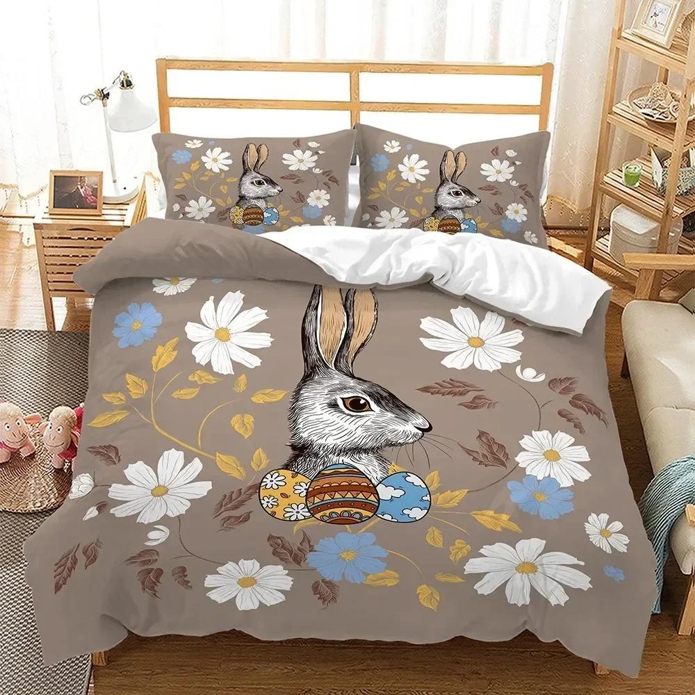 E-Easter Duvet Cover Set Single Twin Size Colorful E-Easter Eggs Nest Bunnies Theme Bedding Set Kids Boys Girls Polyester