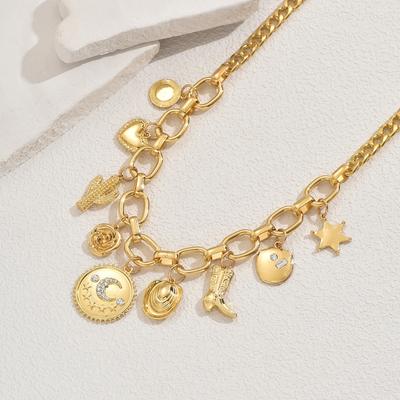 Popular Women's Necklace, Geometric Heart-shaped Crescent Moon Design Pendant with Diamond Collarbone Chain Versatile