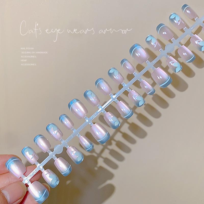 2024 French Gradient Cat Eye Nails: Removable Short Lily False Nail Patches