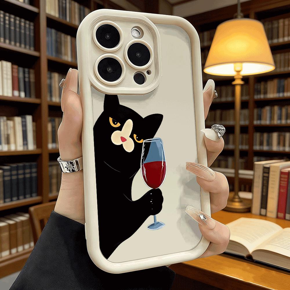 Black Cat with Red Wine Shockproof Soft Phone Case For Xiaomi Redmi Note 15 14 13 12 11 10 9 8 Pro Anti-Slip Anti-Fall Cover