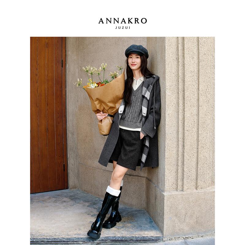 Jiu Zi Anna Kou Women's Preppy Hooded Contrast Plaid Double-faced Wool Coat