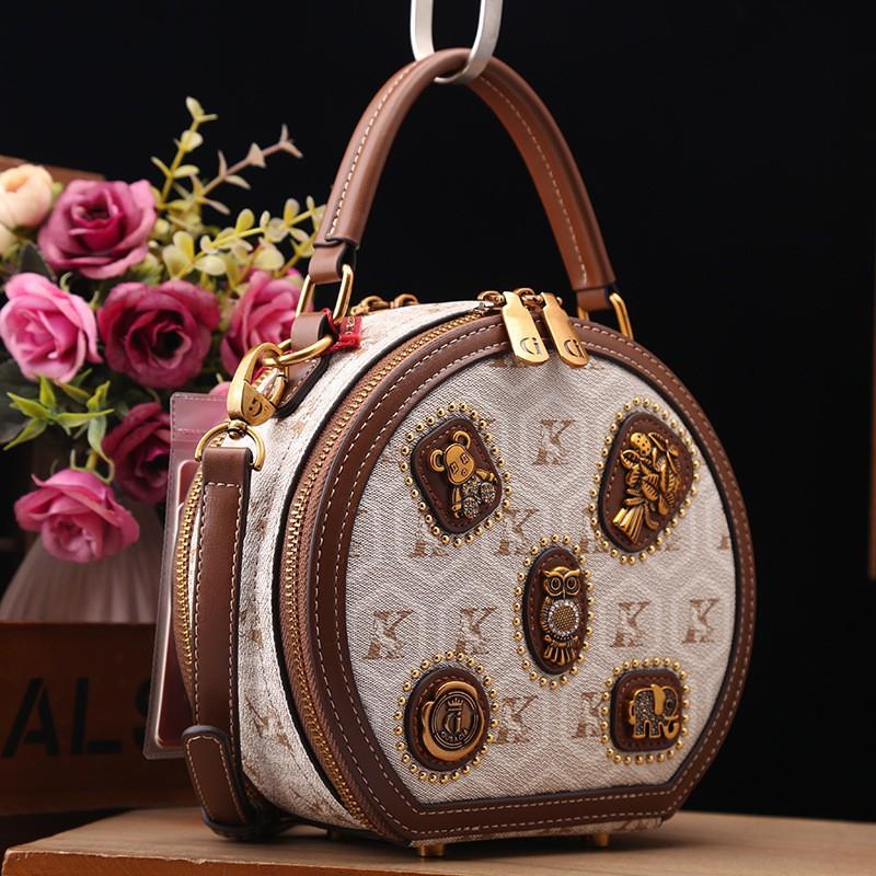 High-end Fashionable All-matching Cross-body Bag Women s Niche Design Retro Printed Single-shoulder Small Round