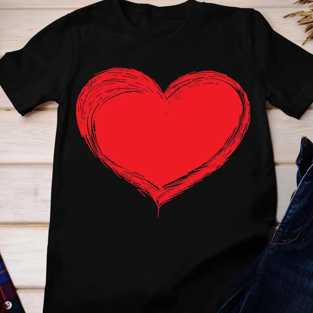 Red Heart T Shirt Hand Drawn Valentine Amp 39 S Day Vintage Designer Clothes Slightly Streetwear Comfortable Homme
