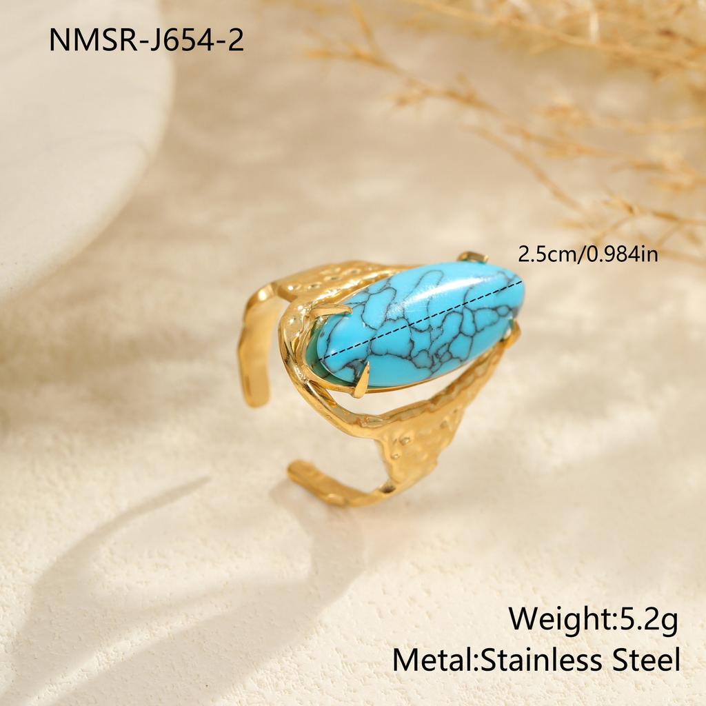 European and American retro natural stone turquoise stainless steel ring does not fade, plated with real gold ins trendy hand jewelry