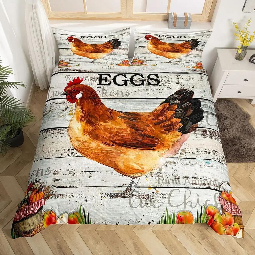 Vintage Rooster Hen Comforter Cover Farmhouse Cock Duvet Cover Farm Chicken Bedding Set King Chicken Coop Country Decor For Home