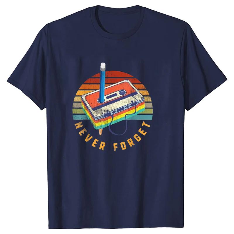 Retro 80s Cassette Tape Pattern Women T-shirt Never Forget Printed Short-sleeved Shirt Soft and Breathable Fabric Round Neck Top