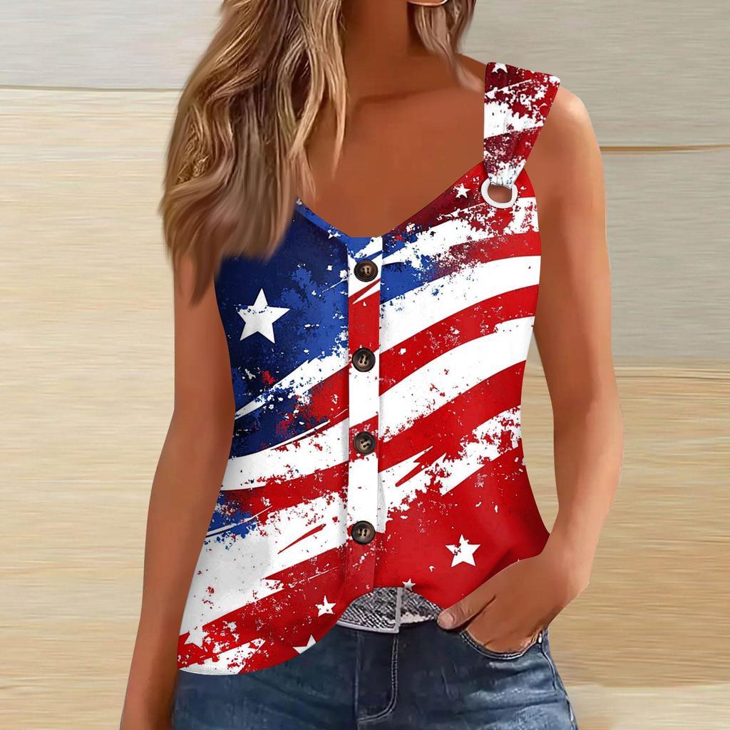 Women's Fashion Casual Loose Sleeveless Buttoned V-Neck Independence Day Printed T-Shirt Top