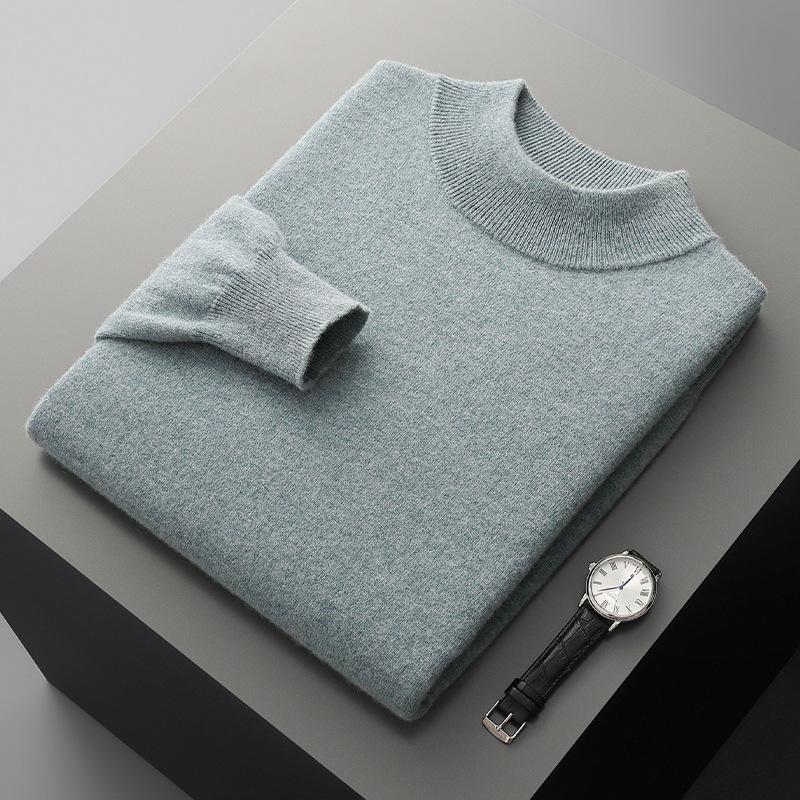 

Men s Pure Wool Semi-High Neck Sweater - Autumn/Winter Collection: Slim Fit, Solid Color Pullover S