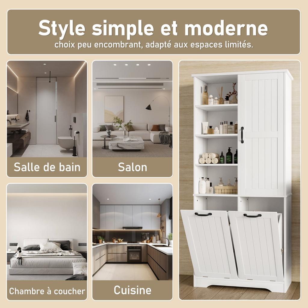 78 x 35 x 172 cm Bathroom Cabinet, Moisture-Resistant Paint, Double Laundry Basket, Four Open Compartments, One Door, Adjustable Shelves, White